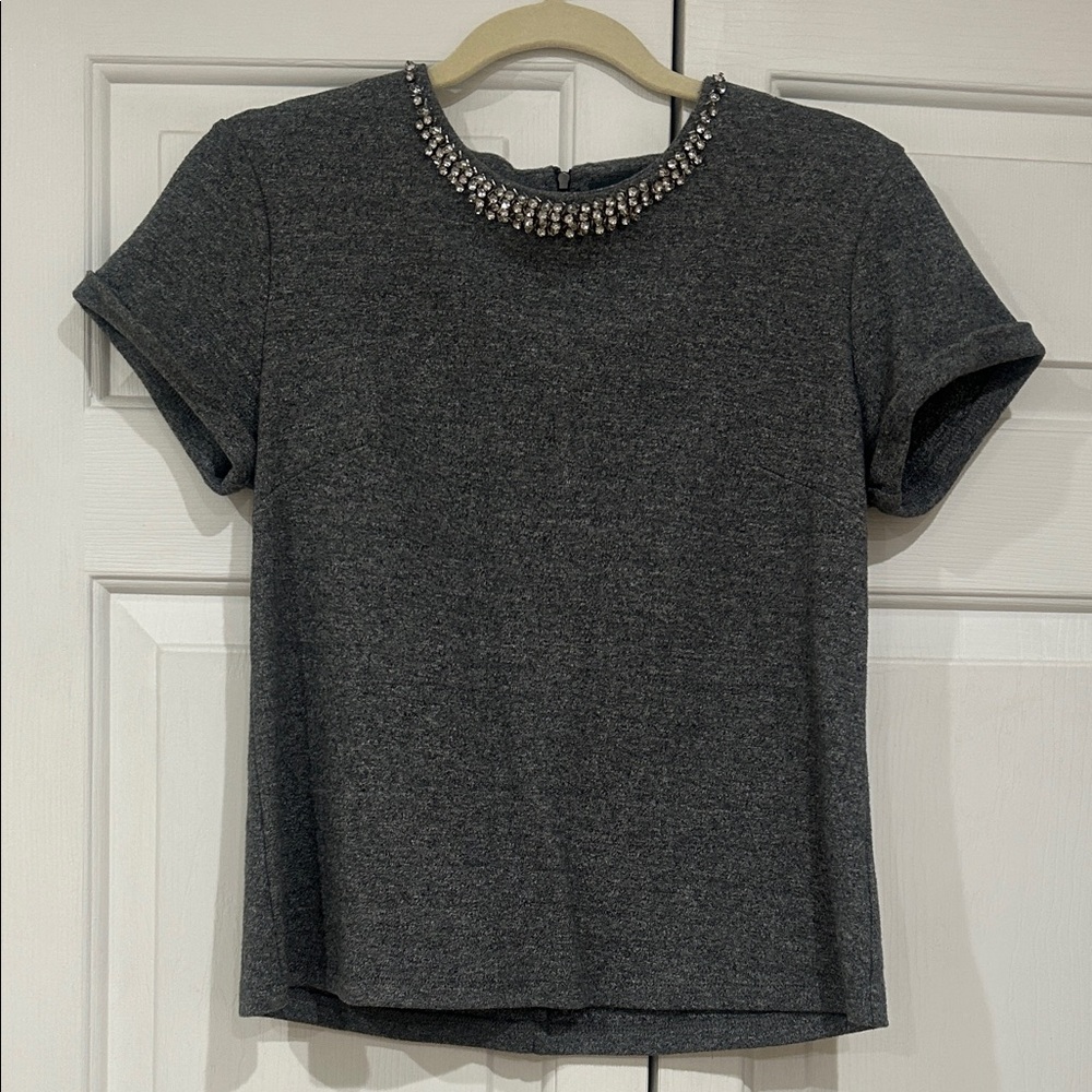 Gray Beaded Collar Women's Top